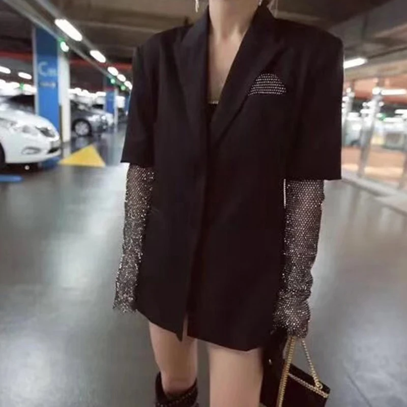 COLOREE High Street женский черный блейзер весна осень яркий Bling бриллианты длинный рукав зубчатый лоскутный Женский блейзер