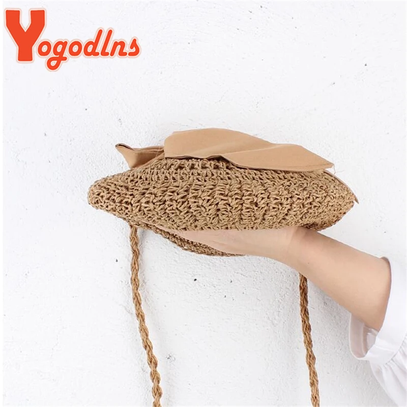 Summer Bow Straw Bag Round Rope Shoulder Bags Simple Woven Knitting Crossbody Bag Fashion Small Beach Handbag Casual