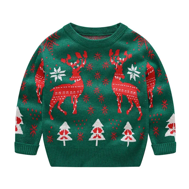 Autumn Winter Christmas Sweater Baby Boys and Girl Children O-Neck Print Knitted Sweater Kid Pullover Cartoon Teenager Sweater Green
