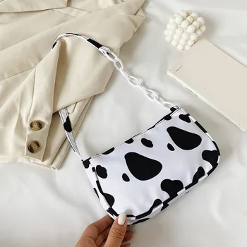 

Retro Cow Milk Pattern Women Handbag Casual Nylon Totes Female Underarm Bags Small Shoulder Bag Female Daily Shopping Bag