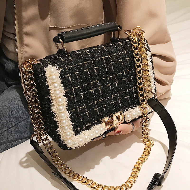 2019 Winter Fashion New Female Square Tote bag Quality Woolen Pearl Women's Designer Handbag Ladies Chain Shoulder Crossbody Bag