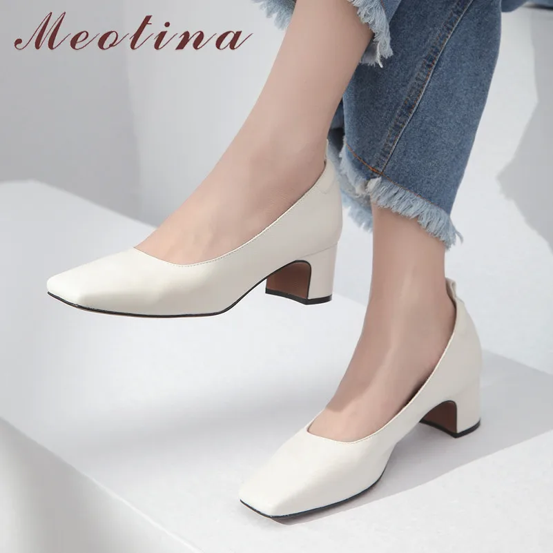 

Meotina High Heels Women Shoes Natural Genuine Leather Thick Heels Shoes Real Leather Square Toe Pumps Female Black Size 34-39