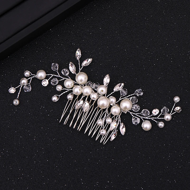 Silver Color Tiara Hair Combs for Women Bride Pearl Crystal Headpiece Wedding Hair Accessories Bridal Jewelry