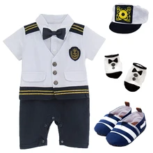 Baby Boys Captain Costume Romper With Hat Newborn Infant Halloween Cosplay Jumpsuit Outfit Toddler Skipper Sailor Playsuit