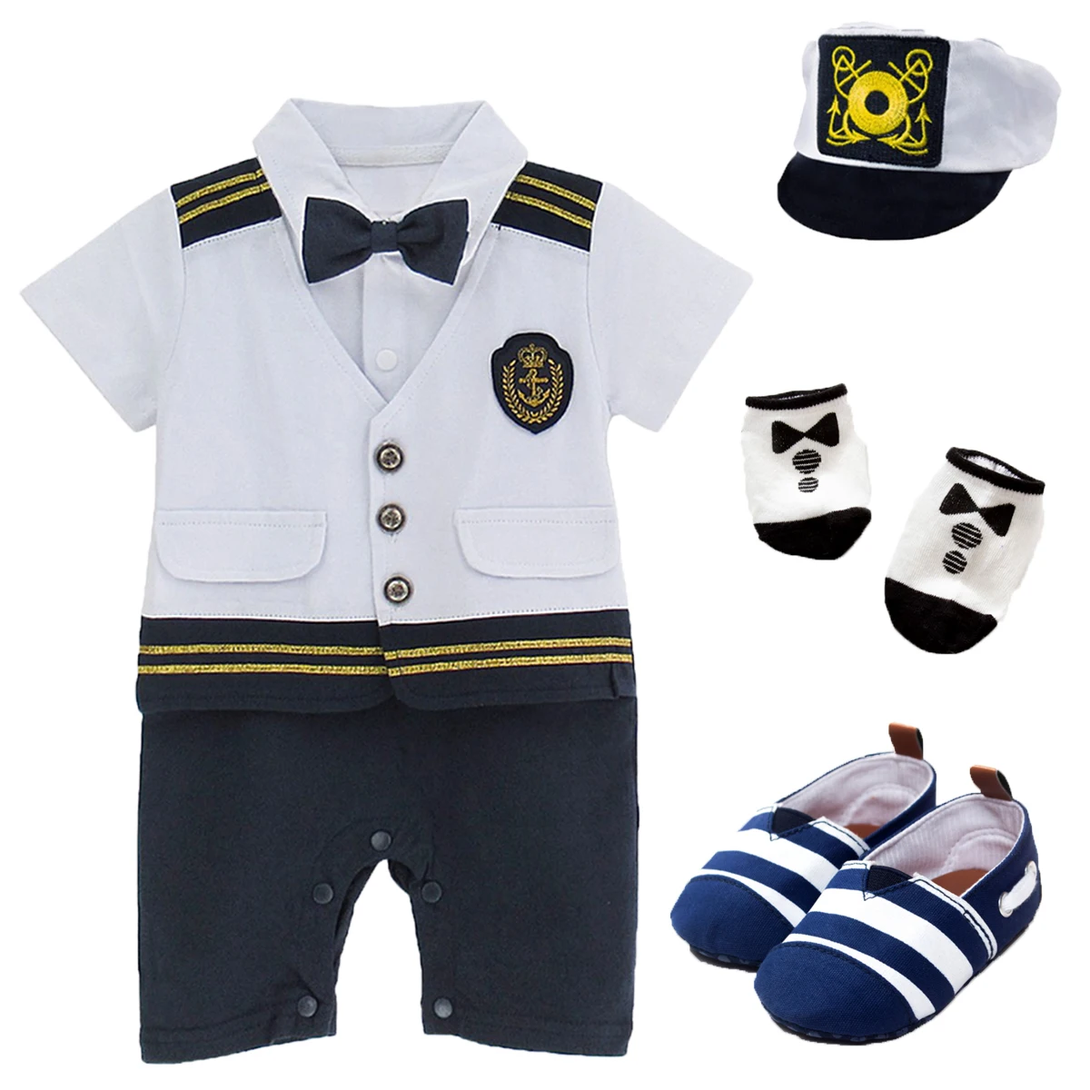 Tanie Chłopcy kapitan kostium Romper z kapeluszem noworodek Halloween Cosplay kombinezon maluch Skipper Sailor Playsuit