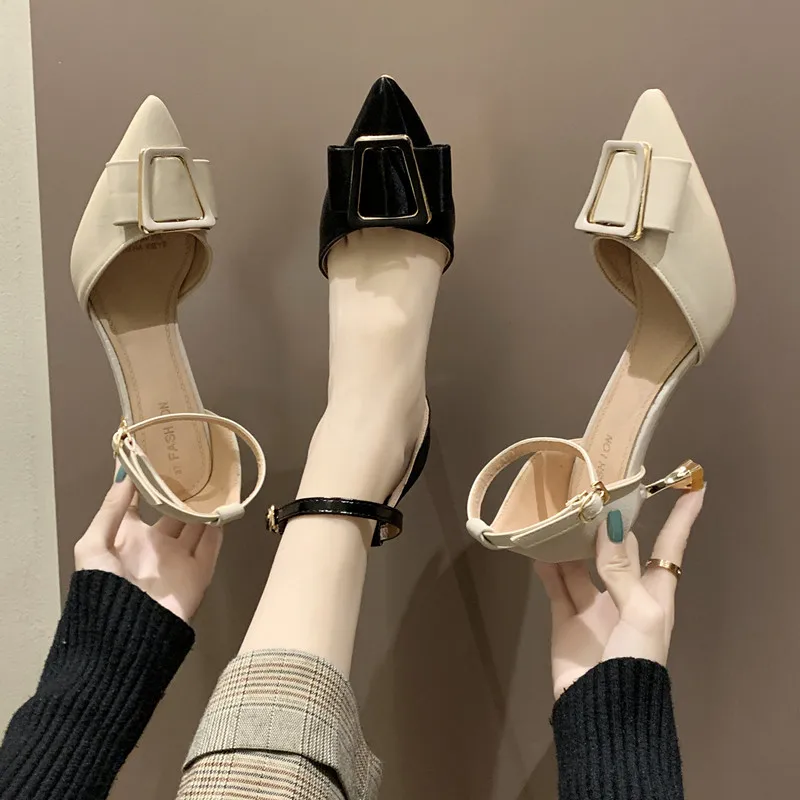 

Beige High Heels Branded Pumps Shoes Sandals Ladies 2020 Pointed Wedge Sweet Black Fashion Straps Fine African Women Latest Toe