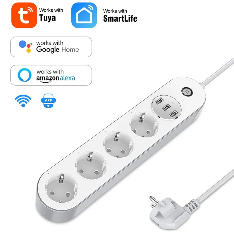 Tuya WiFi Smart Power Strip 4 EU Outlets 10A Plug Socket 3USB Charging Port Timing App Voice Control Work With Alexa Google Home |