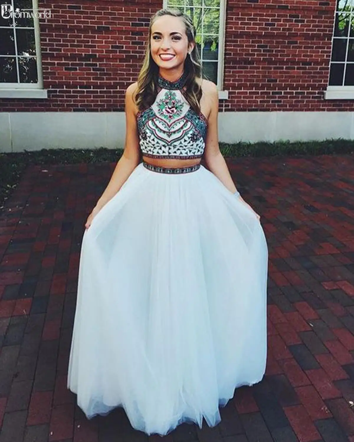 Vestido De Formatura белое платье для выпускного вечера es шифоновое платье с цветочной вышивкой и лямкой на шее ТРАПЕЦИЕВИДНОЕ ПЛАТЬЕ из двух частей для выпускного вечера