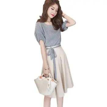 

Summer New Plaid Print Short Sleeve Sets For Women Fashion Elegant Top Solid Color Skirt Two Pieces Sets