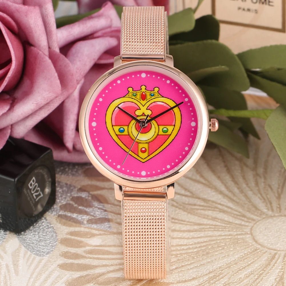 Women's Quartz Watches Sailor Moon Pattern Girls Watch Luxury Mesh/Leather Strap Ladies Wristwatch Clock Nice Gift Reloj Mujer