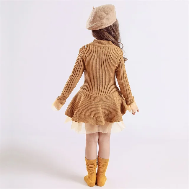 Winter Knitted Chiffon Long Sleeve Girl Dress  5