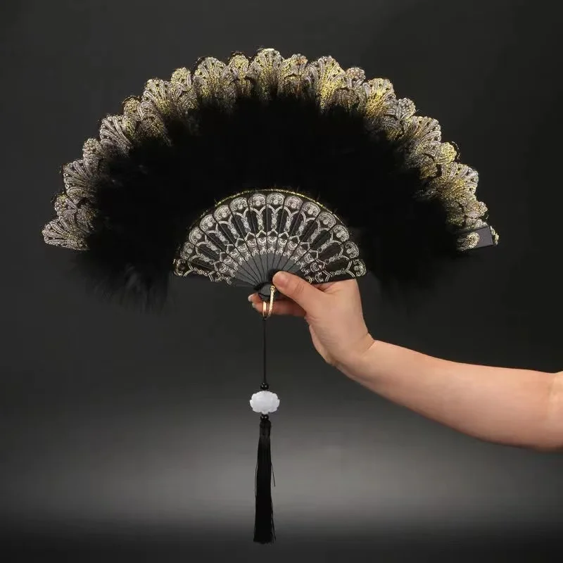 Folding Fan Lolita Feather Sweet Girl Dark Gothic Court Dance Hand Fan with Pendant Photography Props Wedding Party Decoration