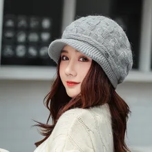 Модные осенние однотонные кепки с козырьками, женская теплая шапка бини, зимние вязаные шапки Skullies, Новая повседневная Толстая шапка для женщин