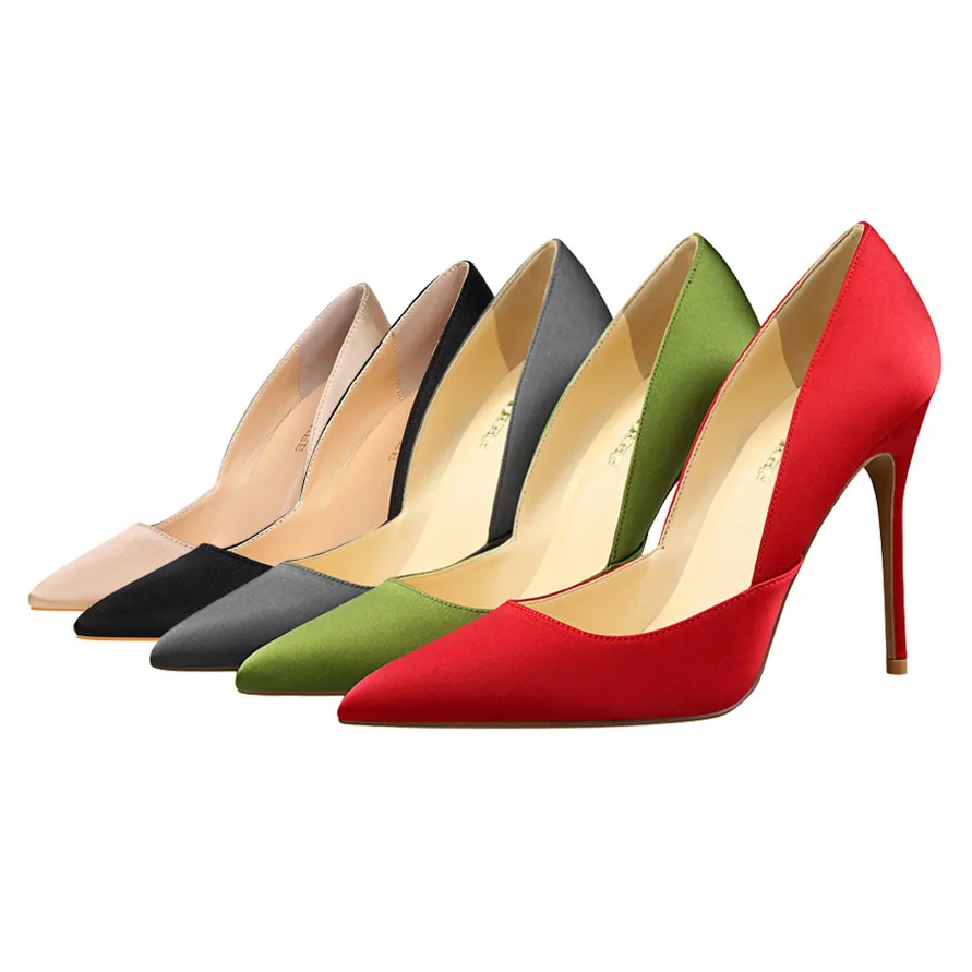 

Sexy Nude/Black Green Silk Leather Pointed Toe Pumps Stiletto Heels 10cm/12cm Banquet Shoes Shallow Cut Pumps Female Shoes 9219