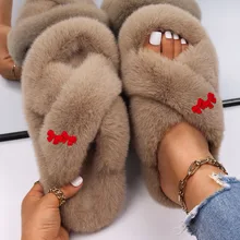 

Women Sandals Female Furry Slippers Faux Fur Slides Girls Slippers Fluffy Red Bow-knot Designer Women's Shoes 2022 Casual New