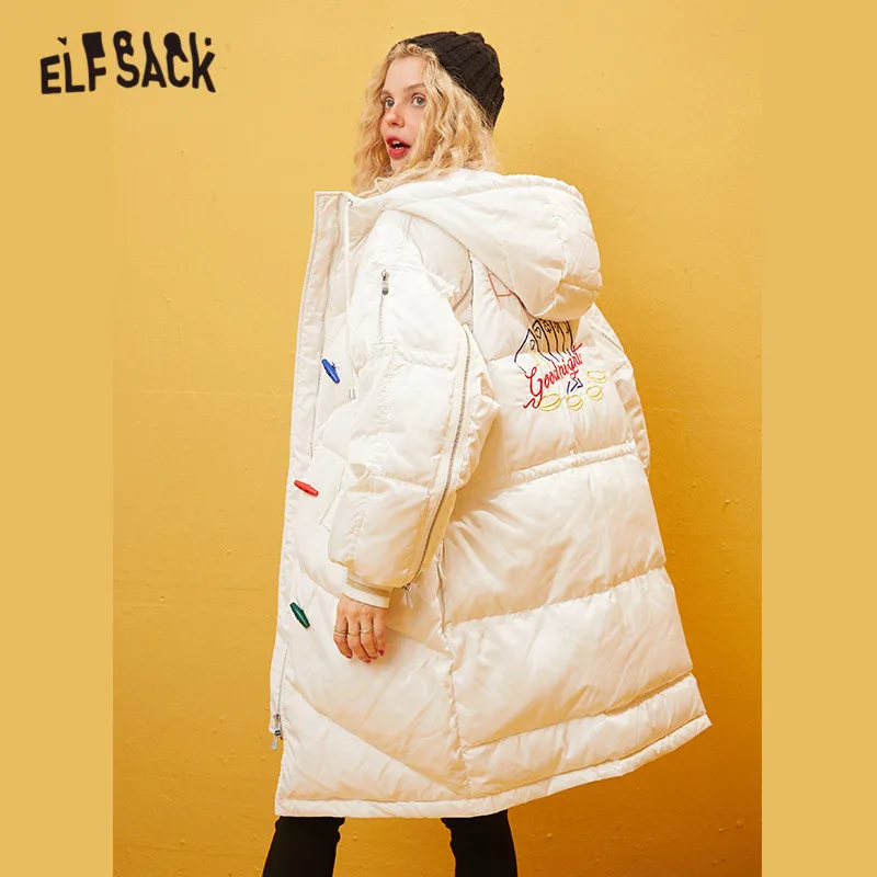 ELFSACK, черный, однотонный, с вышивкой, прямой, с капюшоном, теплый пуховик для женщин, зима, белый, с роговыми пуговицами, женская, Корейская верхняя одежда