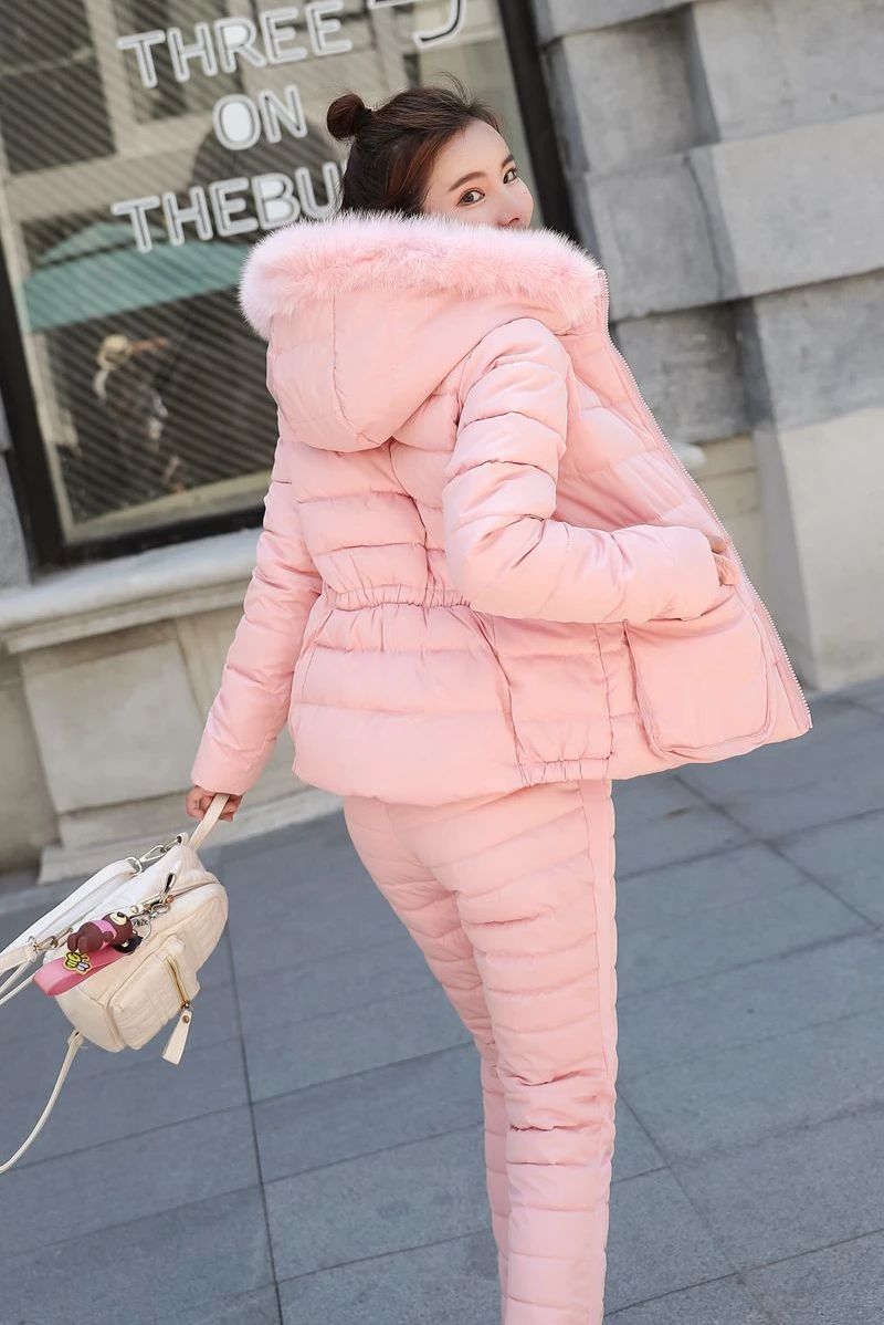 Зима весна куртка костюм осень теплое Женское пальто плюс размер 2XL меховой воротник Тонкая парка пальто+ брюки комплект из 2 предметов для женщин