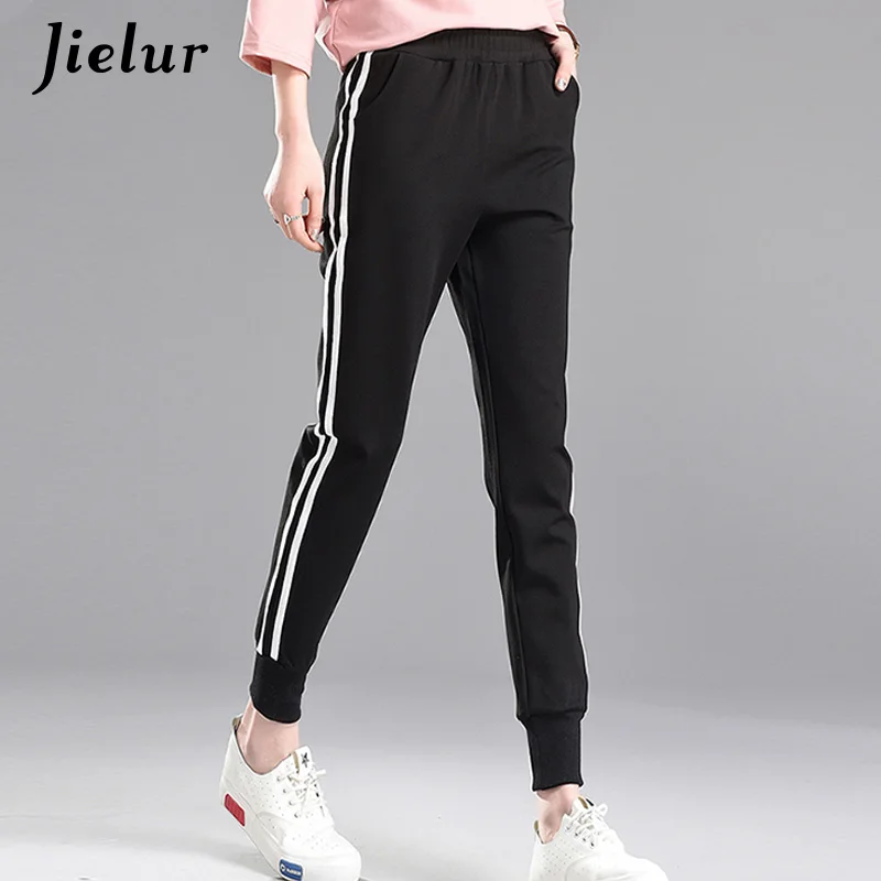 

Jielur Fitness Pants Female 2019 Spring Harajuku Casual Harem Pants Women Street Loose Striped Black Trousers M-XXL Sweatpants
