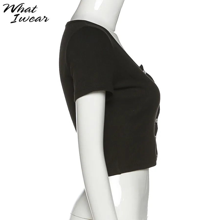 Women sexy slim short sleeve t-shirts o-neck buttons female stretchy short tees ctop tops party basic soft fabric 2020 summer