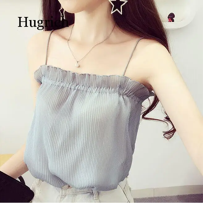 

Summer Girls Ruffled Slash Neck Pleated Chiffon Solid Camis Tops Sleeveless Shirts Women Spaghetti Straps Camisoles Tanks Tops