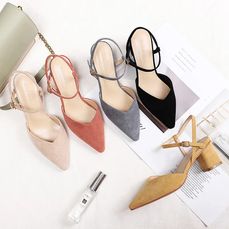 Zapatos de tacón alto de ante para mujer, sandalias puntiagudas, sexys, de marca, para verano, 2021