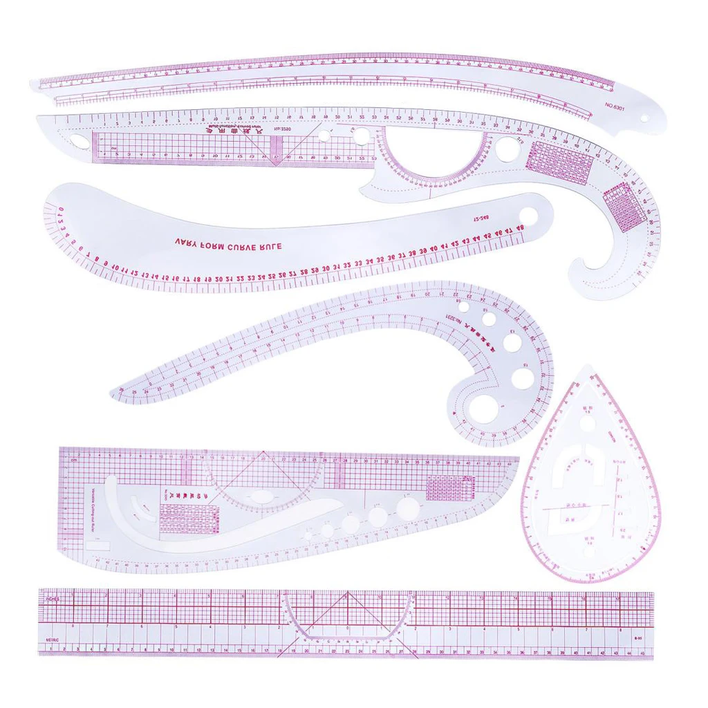 7 Stlye Fashion Metric Ruler Set French Curve Pattern Grading Rulers Styling Design for DIY Clothing Tailor Students Designer