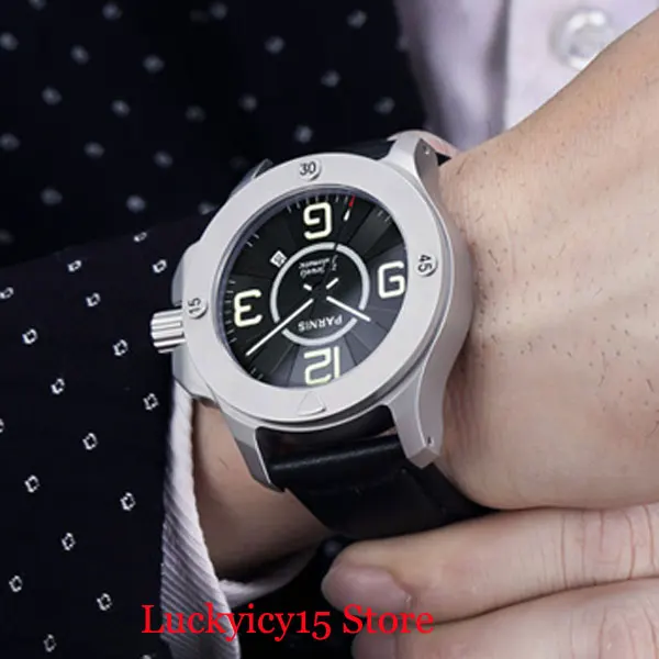 

2 Model Dress Round Stainless Steel Men's Watch 47mm Case Sapphire Glass Auto Date Sapphire Crystal Leather Strap Luminous Marks