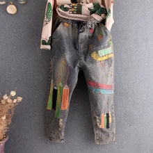 Джинсы бойфренда с цветной вышивкой размера плюс, женская модная уличная одежда, свободные джинсовые штаны-шаровары, женские весенние штаны