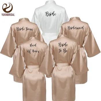 

YUXINBRIDAL Bride Bridesmaid Robe with White Black Letters Mother Sister of The Bride Wedding Gift Bathrobe Kimono Satin Robes
