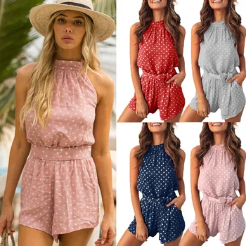

Summer Fashion Printing Polka Dot Pocket Lace Women Jumpsuit
