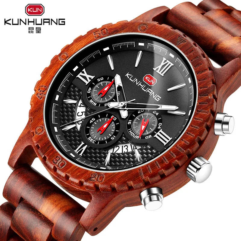 

Handmade Wooden Men Watches Wood Luxury Brand 24 hours Display Wristwatch High Quality Quartz Calendar Male Business Watch