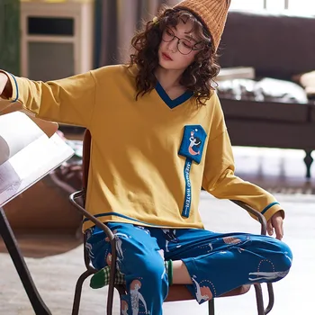 

2020 Spring Autumn 100% Cotton V-neck Pajama Sets for Women Long Sleeve Sleepwear Suit Pyjama Pijama Mujer Homewear Home Clothes