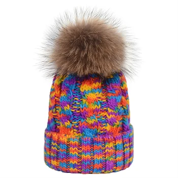 

Multicolored Female Fur Pom Poms hat Winter Hat For Women Girl Hat Knitted Beanies Cap Hat Thick Women Skullies Beanies DZM20