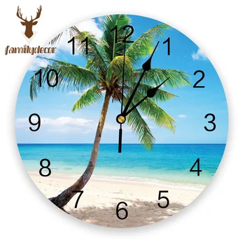 

Beach Coconut Blue Sky Printed PVC Wall Clock Modern Design Home Decor Bedroom Silent O'clock Watch Wall For Living Room