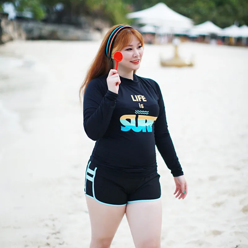 

2018 Black And White with Pattern 4 Pieces in a Set Bathing Suit Large Size Long Sleeve Belly Covering Slimming Outdoor Sports S