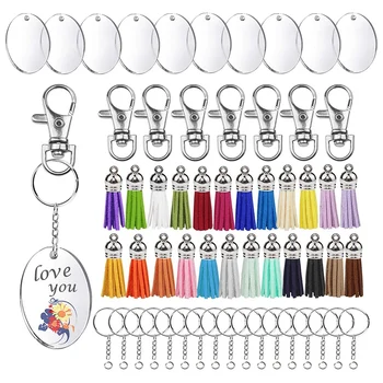 

NEW-220Pcs Keychain Tassels Set Acrylic Clear Circle Discs with Swivel Snap Hooks and Key Chains for DIY KeyChains Charms