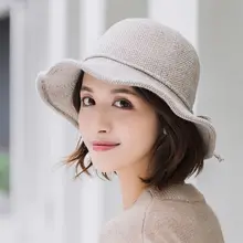 Для женщин женские осень-зима мягкий Вязание шерстяной чепец однотонная шляпа круглая вершина лотоса полями рыбаков Кепки