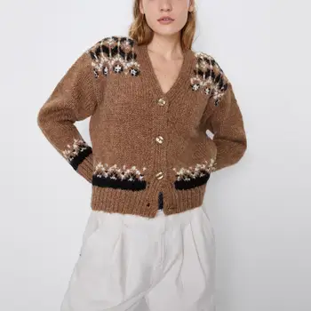 

2019 Fashion Sweater Cardigan Women Print Jacket Za Casual Temperament Knit Cardigans Long Sleeve V Neck Single Breasted Tops