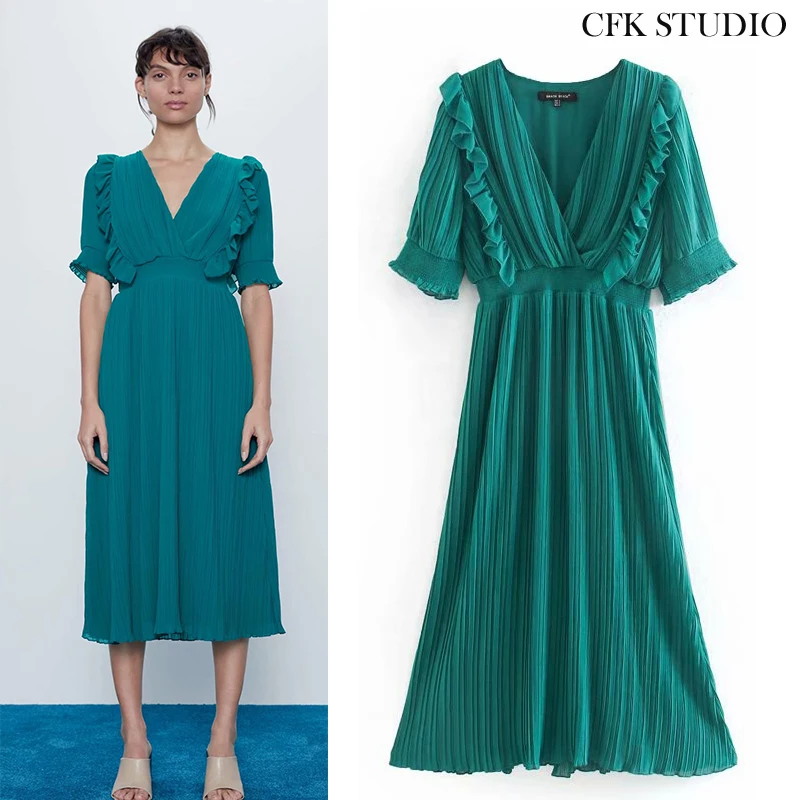 Женское летнее платье Mididress 2020, новое модное однотонное шифоновое платье с v образным вырезом и коротким рукавом, повседневное длинное зеленое платье Vestidos|Платья| | АлиЭкспресс
