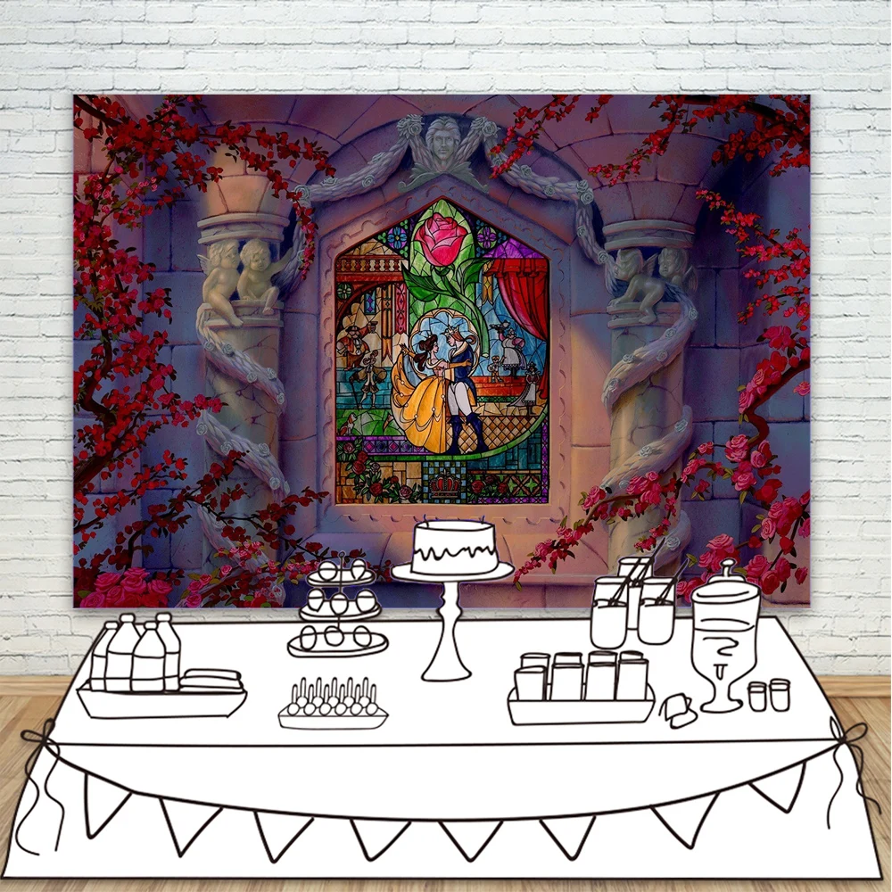 

Beauty and Beast Photo Backdground Blooming Rose Ancient Pillars Plum Blossoms Backdrop For Birthday Dacing Party Or Pub Decor
