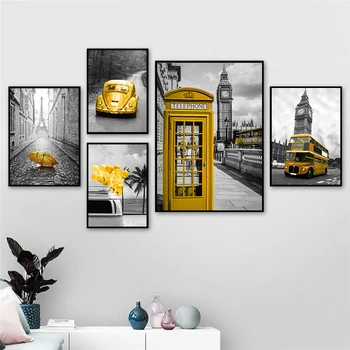 

Gold BusTelephone Booth Black White Paris London Posters and Prints Wall Art Pictures for Living Room Home Decor (No Frame)