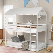 Loft en bois avec toit, fenêtre, garde corps, échelle pour enfants, adolescents, filles, garçons (blanc)