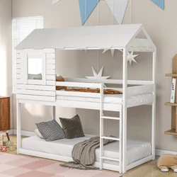 Litera doble de madera para niños, adolescentes, niñas y niños, cama tipo Loft con techo, ventana, barandilla, escalera, color blanco