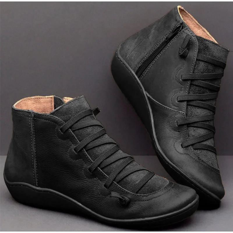 Women's PU Leather Ankle Boots Women Autumn Winter Cross Strappy Vinta ...