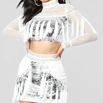

Women Sexy Sequin Crop Top Mini Skirt Suit Two Pieces Set Short Turtleneck Mesh Patchwork Tassel Mini Sets Party Outfits