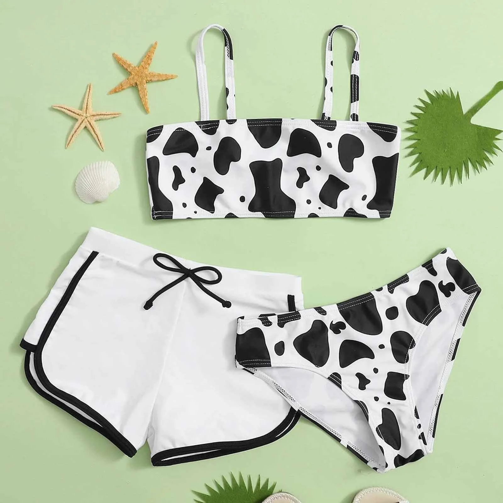 Milk Cow Print Children's Swimsuit 3PCS Sets Summer Kids Swimwear For Girls Holiday Beach Swimming Suit Beachwear Badpak Meisje three piece bikini Bikini Sets