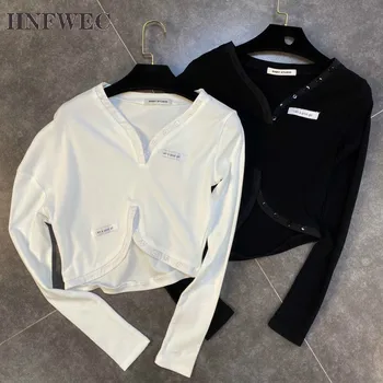

2020 Autumn New Arrivals Long Sleeve V Neck Buttons Decoration Short Stretch T Shirt Women Top Streetwear K385