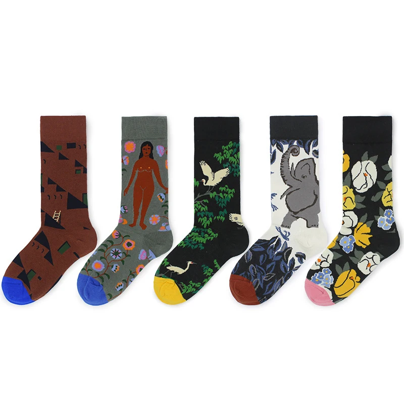 

2020 Harajuku Socks Personality Artistic Yellow Flower Dark Brown Square White Gray Elephant Pattern Breathable Socks Unisex
