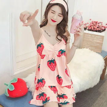 

Sexy Spaghetti Strap Print Pajamas Set Summer Women Pajamas Set With Chest Pads Two-piece Sleepwear