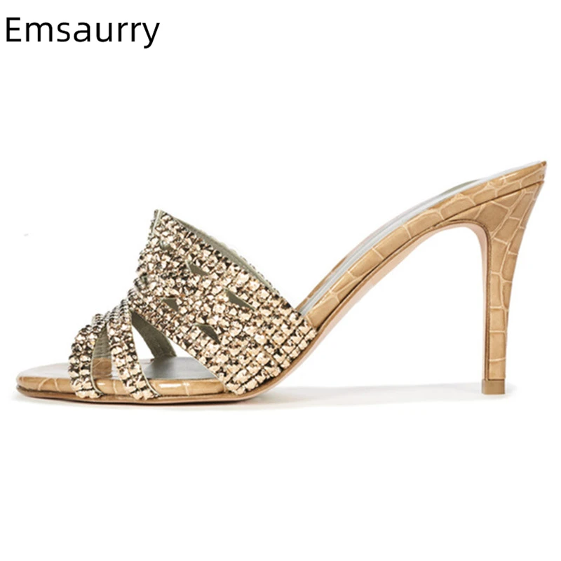 

Stone Grain Genuine Leather Slippers Women Thin Heel Open Toes Cut Outs Jeweled Rhinestone Summer 2020 Runway Shoes Woman